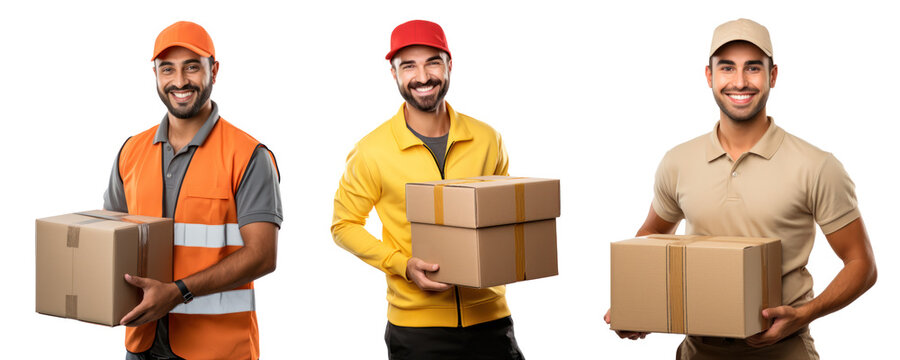 A smiling parcel delivery person, different versions, isolated