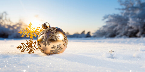 Merry Christmas. Christmas decoration with Gold ball on snow - obrazy, fototapety, plakaty