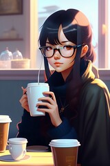 Cute girl drinking coffee with glasses