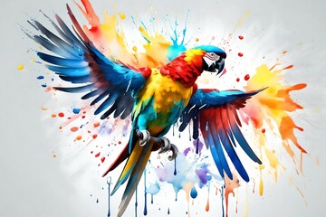 A colorful bird is seen flying upward in paint splatters. exotic, tropical bird with large wings extended. Wild animal shown in a dripping oil and water painting.  sketch in watercolor