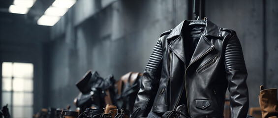 Leather jacket and boots, against rusty and grunge retro background. Minimal abstract fashion and music concept. With copy space. - obrazy, fototapety, plakaty