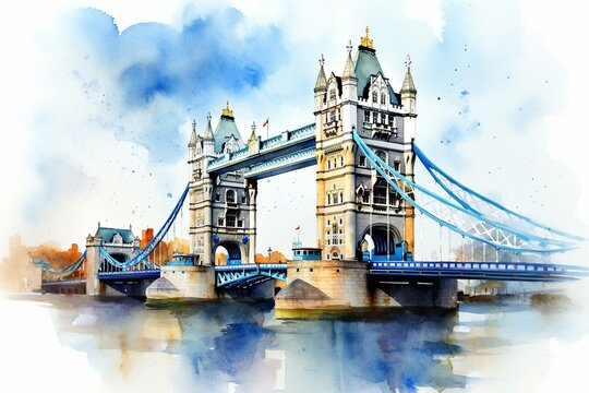 Artwork showing Tower Bridge in watercolor style. Generative AI