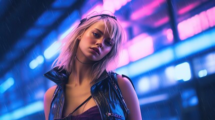 Fototapeta premium Girl on night city background