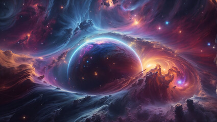 Beautiful fantasy cosmic background. With planets, nebulas, galaxies and stars. Abstract exploration, star travel, and advance civilization concept. With copy space.