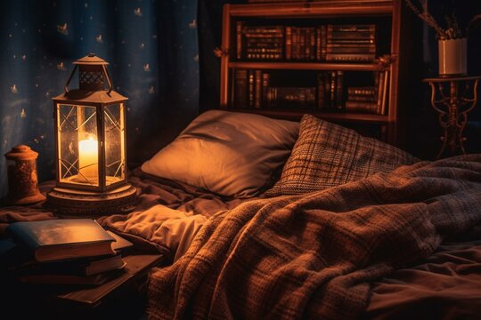 A lit lantern on a bed surrounded by books and other items. Above, a bed with a blanket and pillows. Generative AI