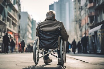 Obraz premium old man sitting in a wheelchair Alone in the middle of the city