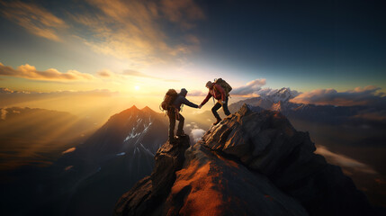 Hikers team climbing up mountain cliff at sunset. Giving helping hand. Teamwork and assistance concept. Copy space - obrazy, fototapety, plakaty