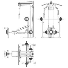 Multipurpose fitness equipment. Gym equipment on white background vector illustration. Different fitness equipment for muscle building. Workout and training concept.