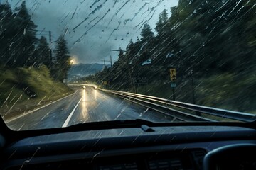 Illustration of road ahead in rain viewed from car windscreen. Generative AI