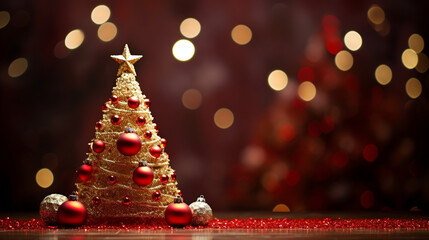 Christmas Tree With Ornament And Bokeh Lights In Red Background, Bright color