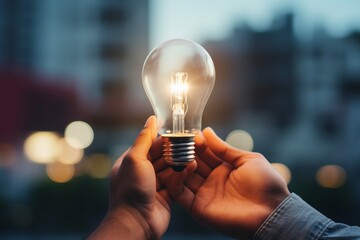 Man Hand Holding a Light Bulb. Bright Ideas Concept