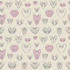 Seamless pattern with hearts of different shapes on a light background. Delicate print for textiles, clothing, banners, flyers, designs.