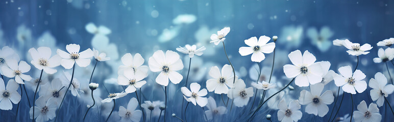 Beautiful spring border, blooming flowers on a blue background.  - obrazy, fototapety, plakaty