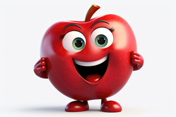 A  funny, big red apple cartoon character with an infectious grin, oversized eyes, and a wide-open mouth on a pristine white canvas, radiating humor and mirth. 