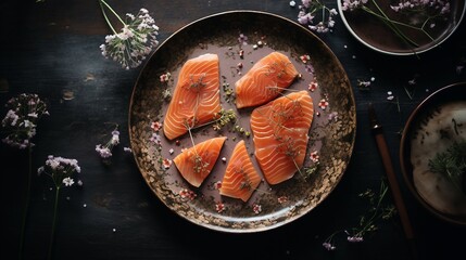 A terracotta plate showcases the "Sublime Salmon Sashimi", thinly sliced and accompanied by a sprig of fresh dill, surrounded by scattered petals, in the style of rose pink and earthy brown. 
