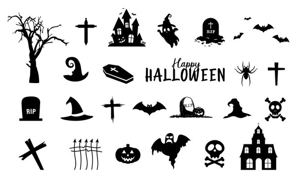 Collection of Halloween silhouettes elements and icons- tree, hand, cross, gravestone, church, bats, rip, skeleton skull, pumpkin, etc. creepy and spooky elements for Halloween decoration and posters.