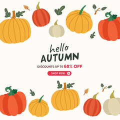 pumpkins pattern with hello autumn sale banner illustration, vector, shopping, flash sale and big sale