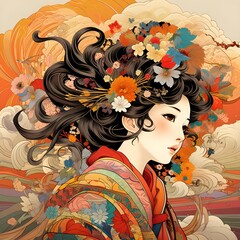 美しい着物を着た日本の少女が花を飾った髪をなびかせ何かを見つめている