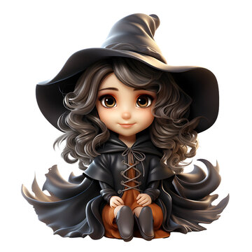 3d cute witch cartoon character isolated on transparent background
