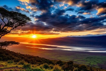 Beautiful sunrise over Ngorongoro Crater, Tanzania, showcasing Africa's environmental conservation efforts. Generative AI