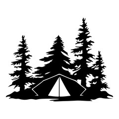 Tent in Forest vector, Camping silhouette, Outdoors, Camper In Forest illustration, Mountains, Campfire design, Pine Trees