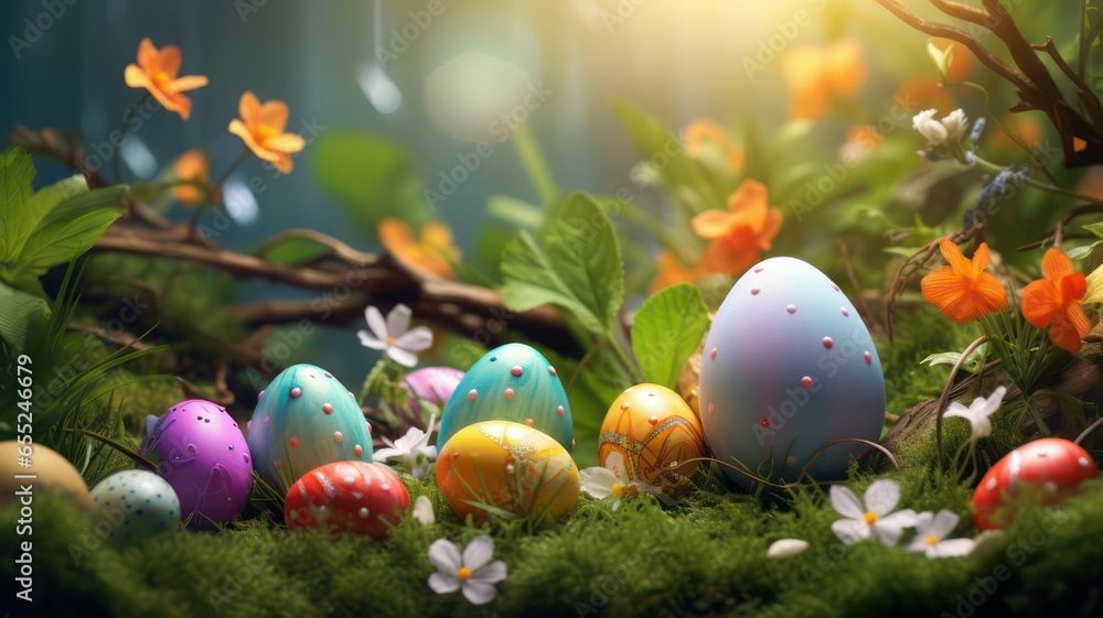 Poster easter background with colorful eggs and orange flowers created with generative ai