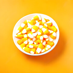 Bowl of Candy Corn on an Orange Background with Space for Copy.