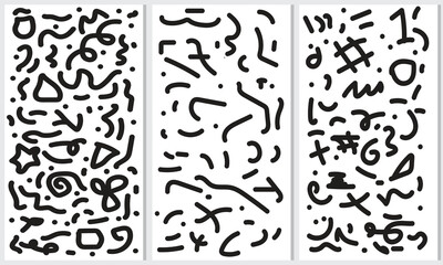 Black line abstract doodle seamless pattern shape set. Creative minimalist style art background