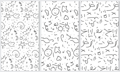 Fun Color Black line abstract doodle set seamless pattern, Creative minimalist style art background for children or trendy design with basic shapes. Simple childish scribble backdrop