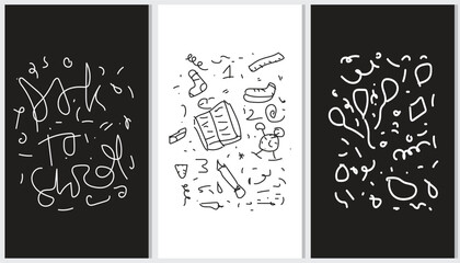 Fun black and white line back-to-school doodle seamless pattern set. Creative abstract style drawing background