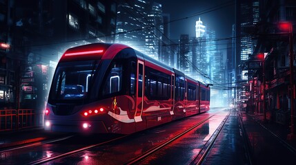 Modern tram in night city - obrazy, fototapety, plakaty