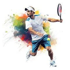 Generative AI image of a tennis player poses on a white clean background