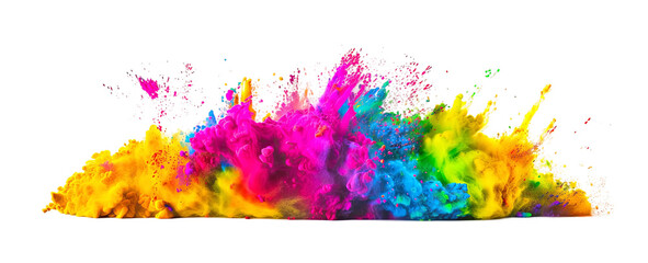 Powerful explosion of colorful rainbow holi powder on transparent background. Saturate paint backdrops, powder splash. Panorama background.