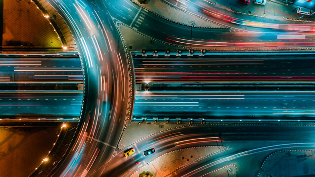 Expressway Top View, Road Traffic Important Infrastructure In Thailand, Road And Roundabout. Public Modern Clever Transportation And Transport Or Commuter Transport.