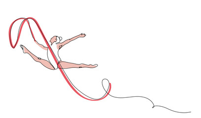 Rhythmic gymnastics. Woman with ribbon. One continuous line art drawing of rhythmic gymnastics
