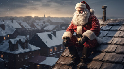 Santa Claus sits on the roof of a house against the backdrop of the evening city - obrazy, fototapety, plakaty
