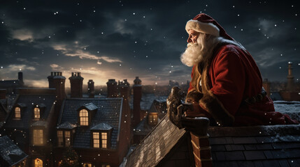 Santa Claus sits on the roof of a house against the backdrop of the evening city