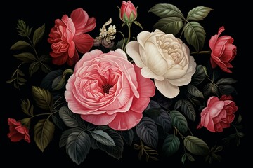 Victorian-era vintage illustration with English roses on a black background in a floral print. Generative AI