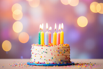colorful sprinkles kids birthday cake with candles on a pastel bokeh background