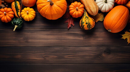 pumpkins concept on brown wooden table