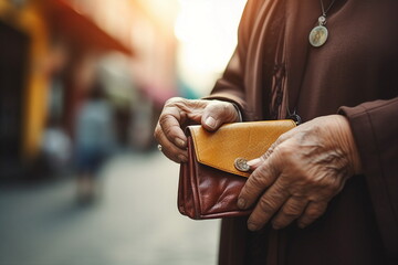 old woman hand hold wallet on street - obrazy, fototapety, plakaty
