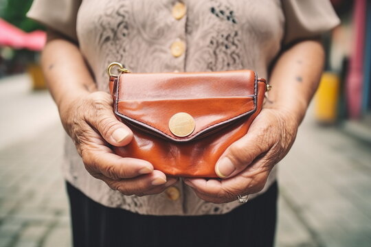 old woman hand hold wallet on street