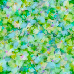 Spring blurred delicate floral seamless pattern of transparent layered flowers White yellow green blue colors