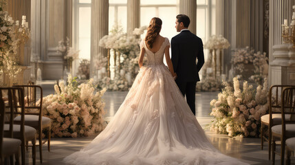 Back view of bride and groom in wedding suits at marriage ceremony, wedding and party, newlyweds.
