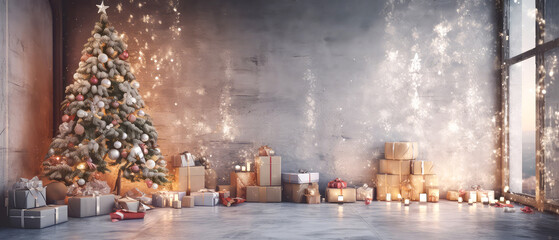 Loft apartment, room decorated  Christmas tree, gift boxes, light, candles on concrete textured place. Modern interior mock up for holidays. Gorgeous New Year background. Generative ai.