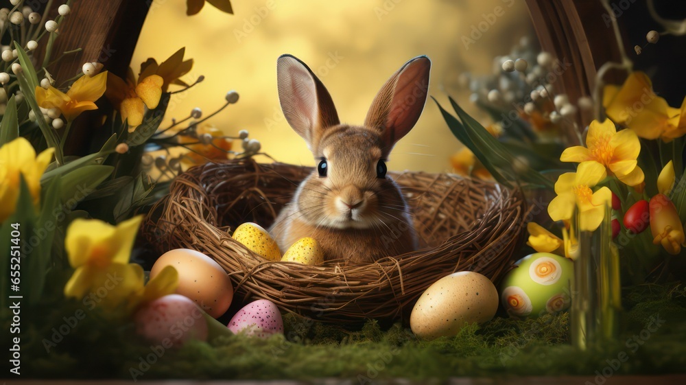 Poster Easter background with a bunny sitting in a nest and colorful eggs created with Generative AI