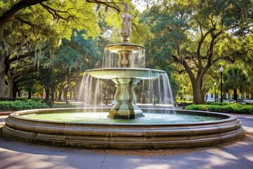 Beautiful fountain in Savannah, Georgia. Popular tourist attraction. Generative AI
