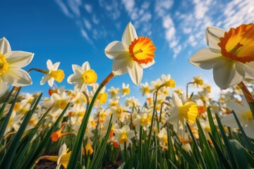 Fototapeta na wymiar Upward facing view of daffodils, with blue sky and white clouds in the background