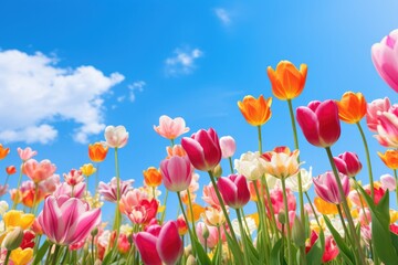 Upward facing view of colourful tulips, with blue sky and white clouds in the background