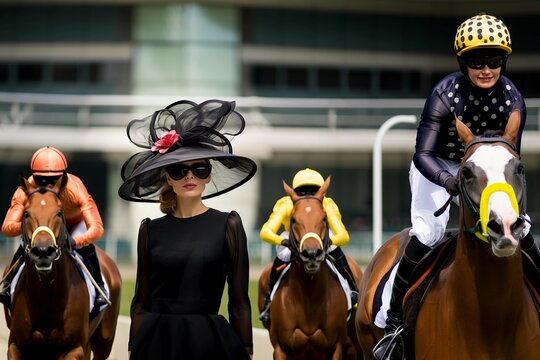 lady wearing a derby hat surrounded by racing horses and jockeys